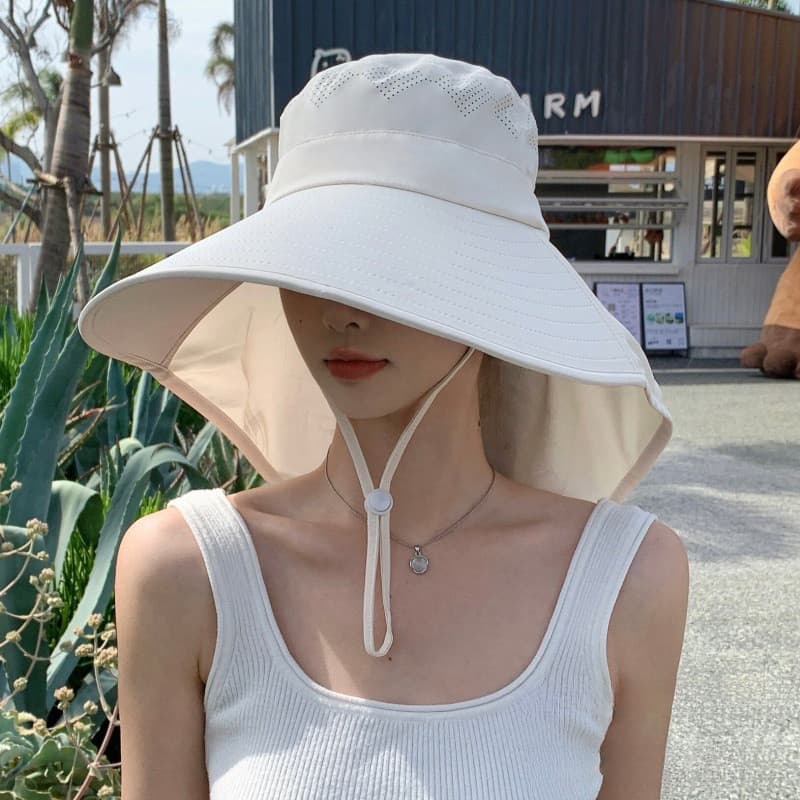 [Estoque pronto] Chapéu balde xale feminino verão aba grande protetor solar chapéu de sol mostrando rosto pequeno chapéu