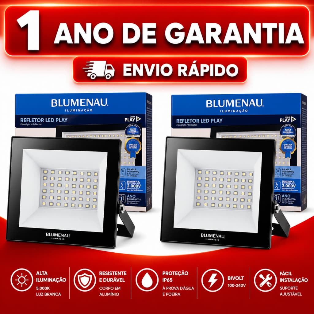 Kit 2 Refletor Led 50W Branco Frio 6500k Bivolt a Prova D'agua Holofote