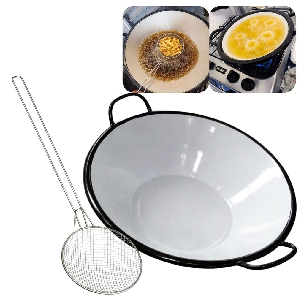 Kit Tacho Esmaltado E Escumadeira Aramada Pastel Antiaderente Alumínio Panela Peneira Fritura