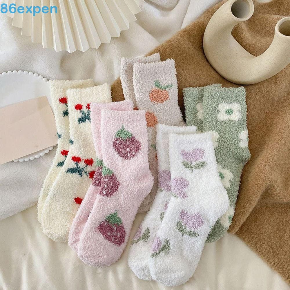 EXPEN1 Meias De Pelúcia De Chão , Lã Coral De Inverno Para Dormir Quentes De Morango E Flores Femininas