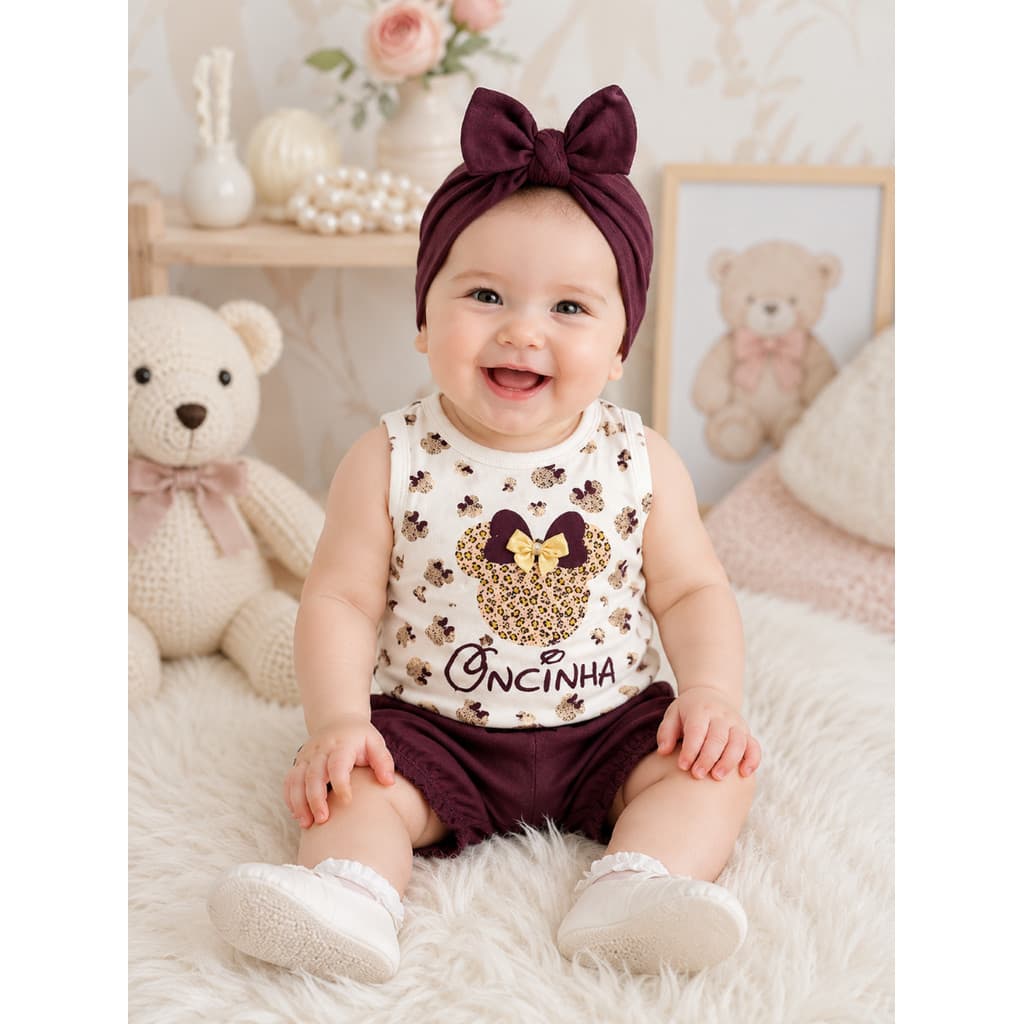 Conjunto Bebê Menina Minnie Oncinha Body Manga Curta + Short + Faixa Turbante RN ao 3 Meses