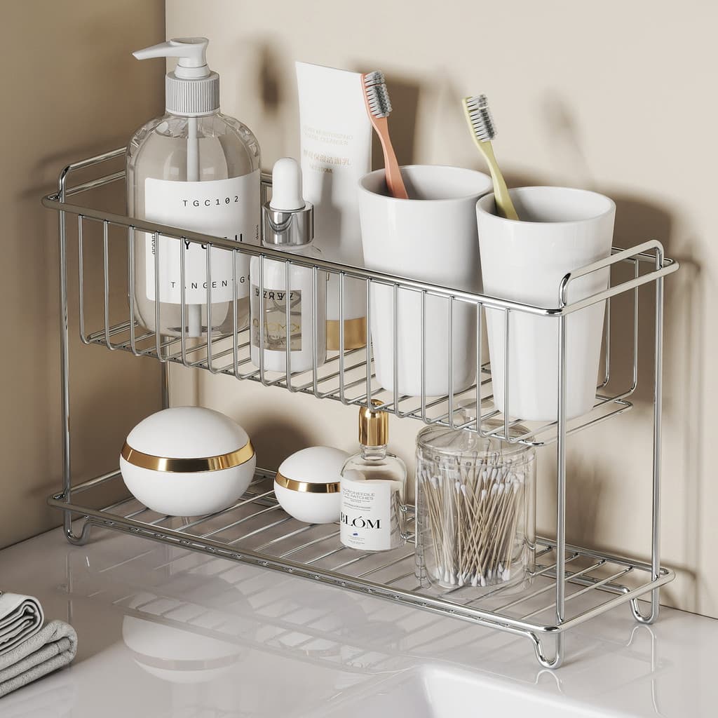 Prateleira de aço inoxidável cozinha dupla camada tempero rack de armazenamento suporte de copo de água cesta banheiro b