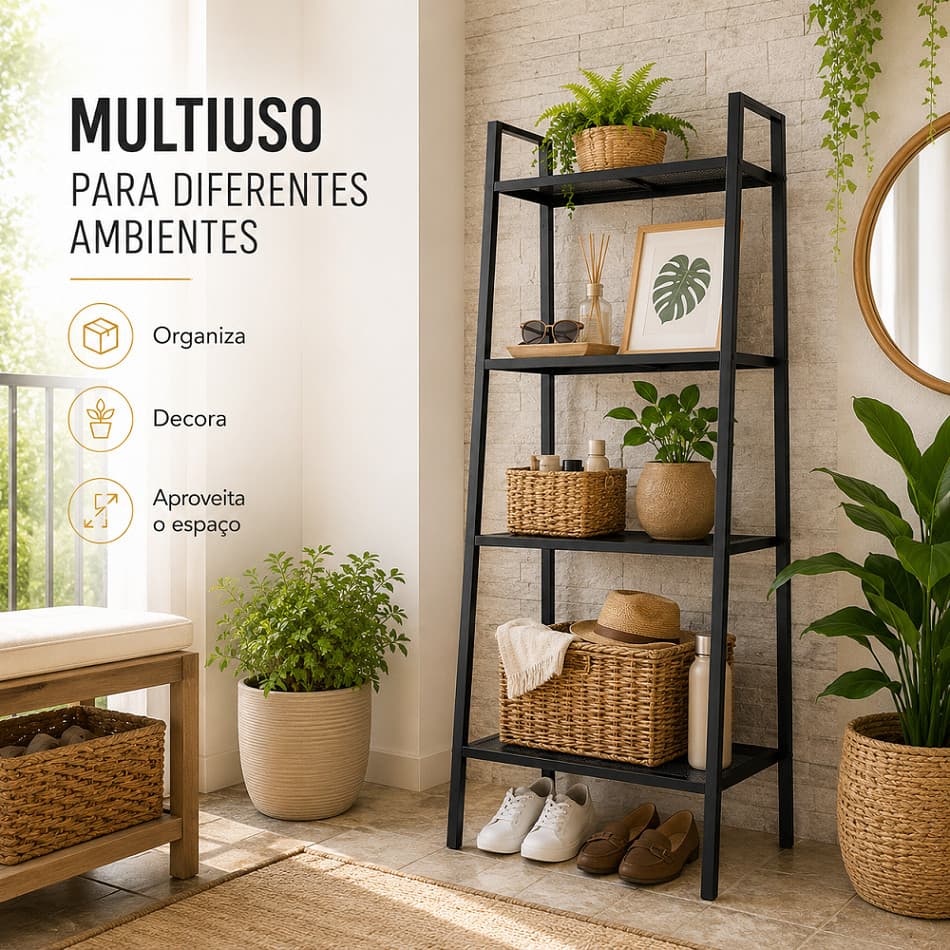 Estante Multiuso Escada 4 Prateleiras Metálica Compacta,  Funcional Para Organizar E Decorar Sala De Estar E Escritório