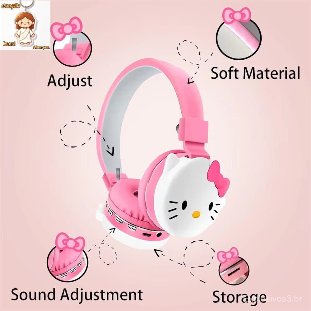 Headphone Fone de Ouvido Infantil Bluetooth Hello Kitty Sem Fio Alta Fidelidade Estéreo