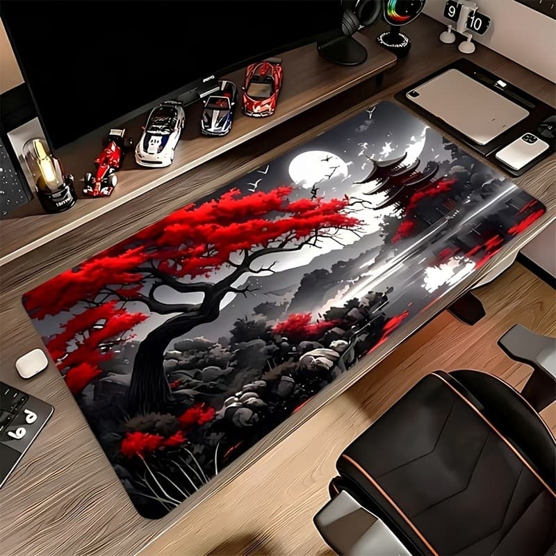 Tapete De Rato Para Jogos De Paisagem De Lua De Pagode De Bordo Vermelho Japonês , Base De Borracha Antiderrapante De Bo