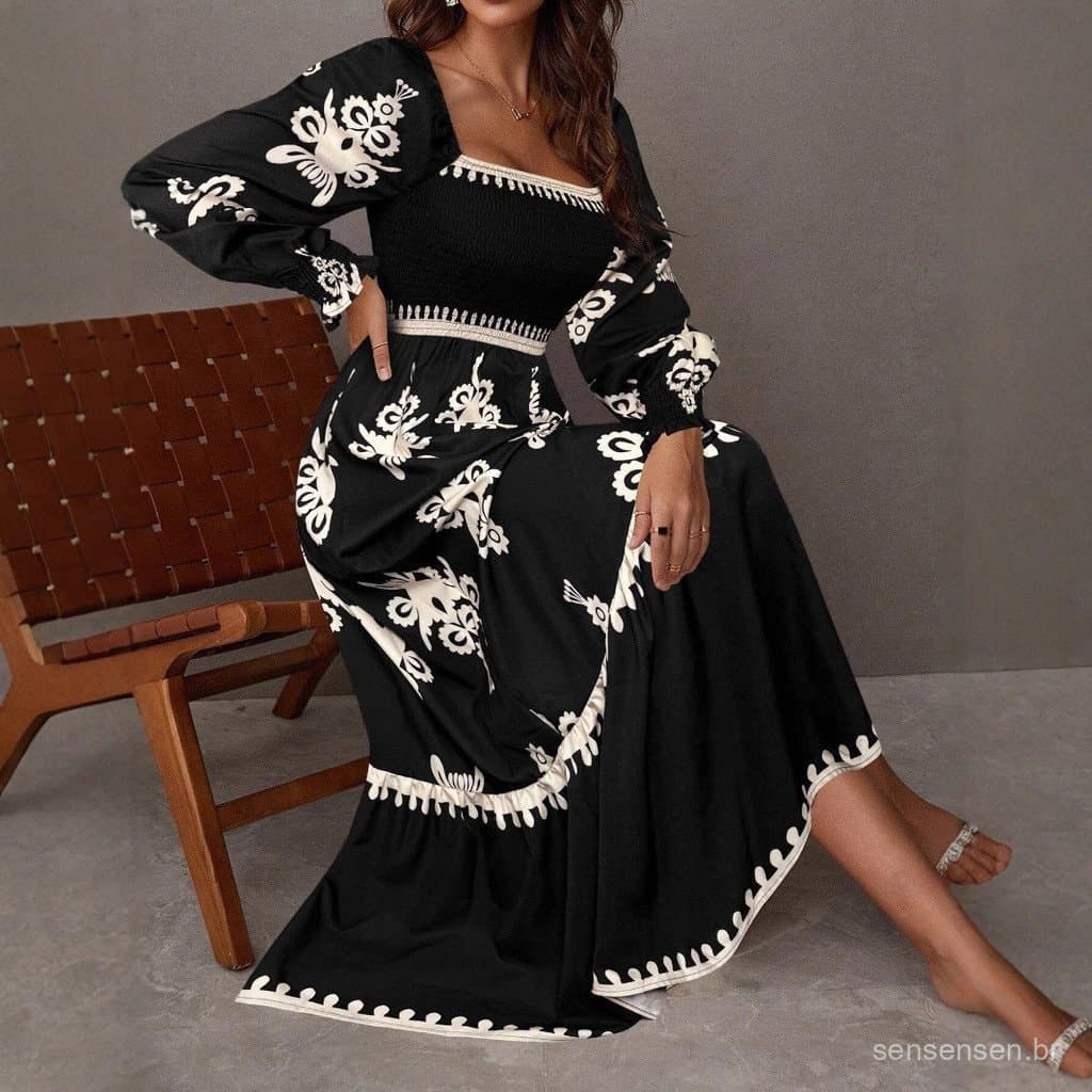 2026 Vestido Elegante Europeu e Americano com Estampa e Manga Longa
