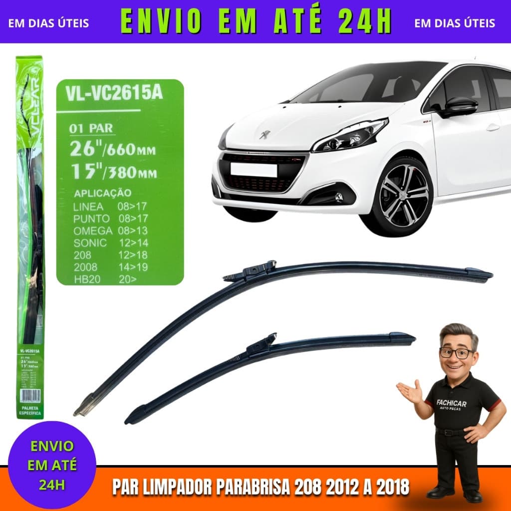 Par Palheta limpador Parabrisa Peugeot 208 2012 2013 2014 2015 2016 2018
