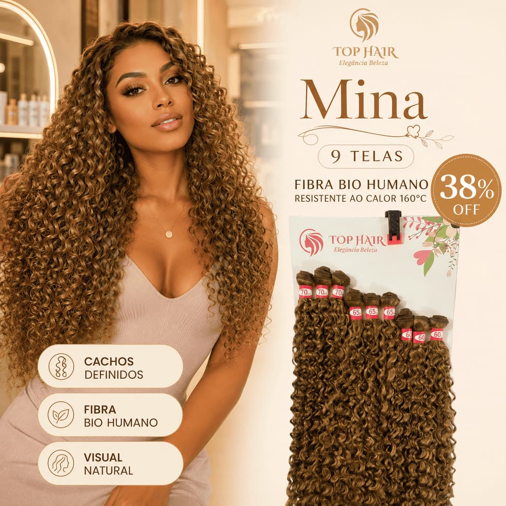 Cabelo Fibra Bio Humano Cacheado 60/65/70cm 9Telas 320gr Top Hair MINA
