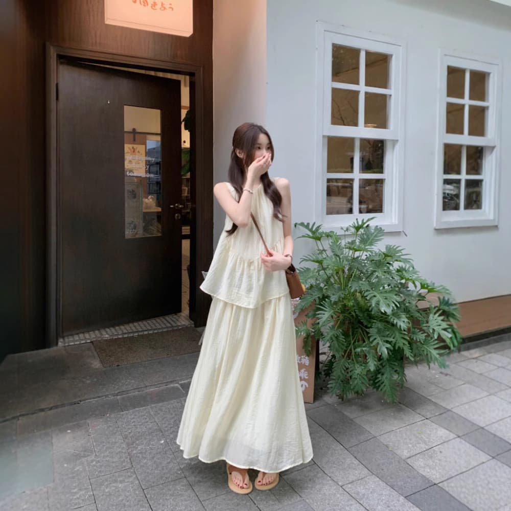 Verão falso de duas peças legal sentimento vestido de cor sólida feminino em torno do pescoço novo estilo chinês sem man
