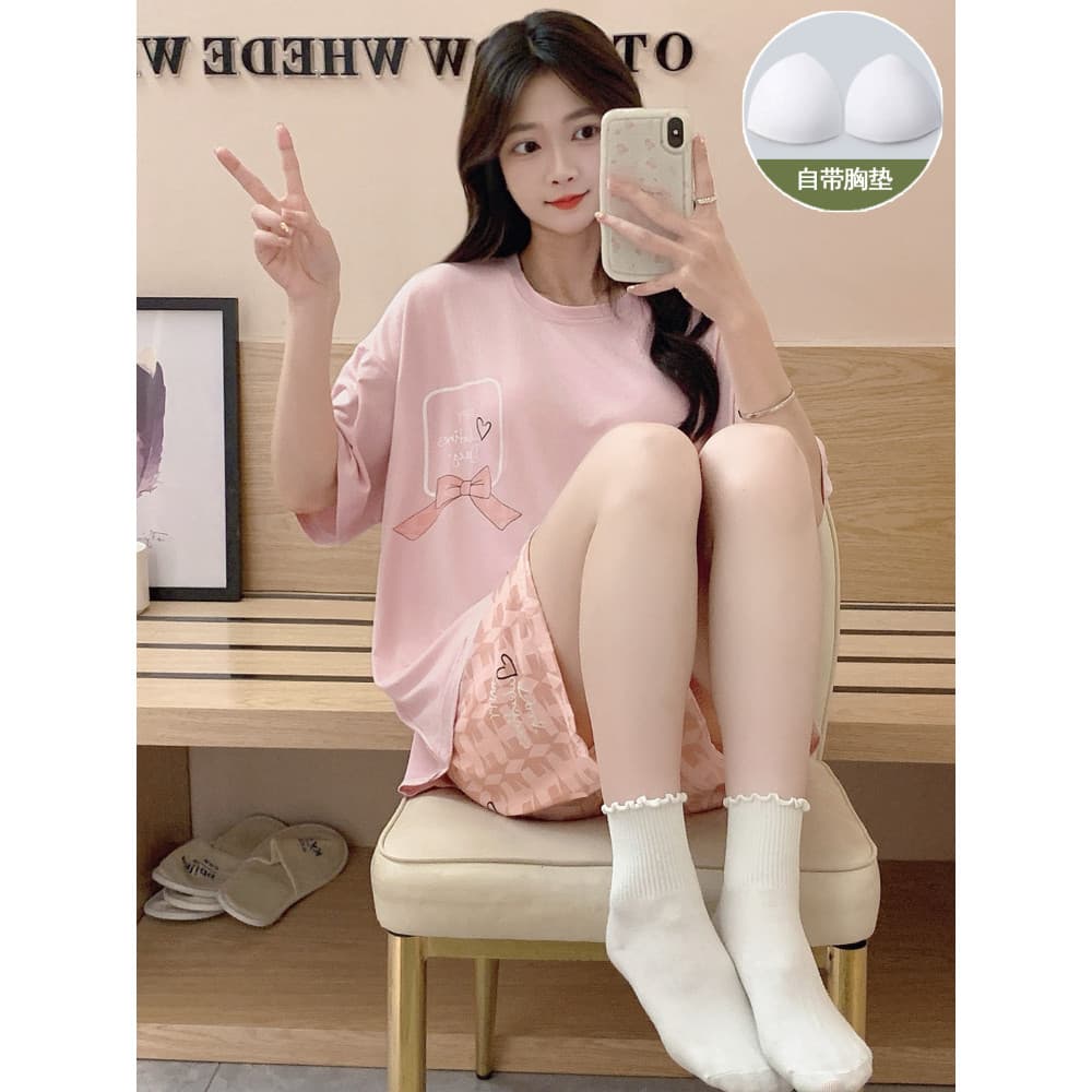 Pijamas femininos verão 2026 novo estilo com almofada no peito doce bonito Shorts de manga curta verão senhoras Homewear