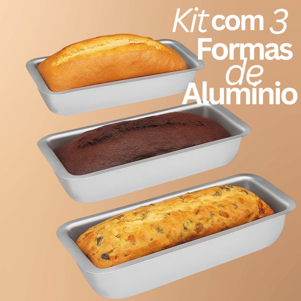 Kit 3 Formas Pão Bolo Caseiro Retangular Alumínio Antiaderente Assadeira Forno N1 N2 N3