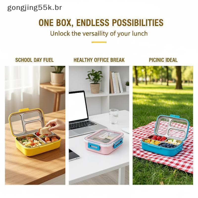 gon Triangular 304 Lancheira De Aço Inoxidável Removível 3 Slotspartment Bento Box Para Trabalhadores De Escritório Piqu