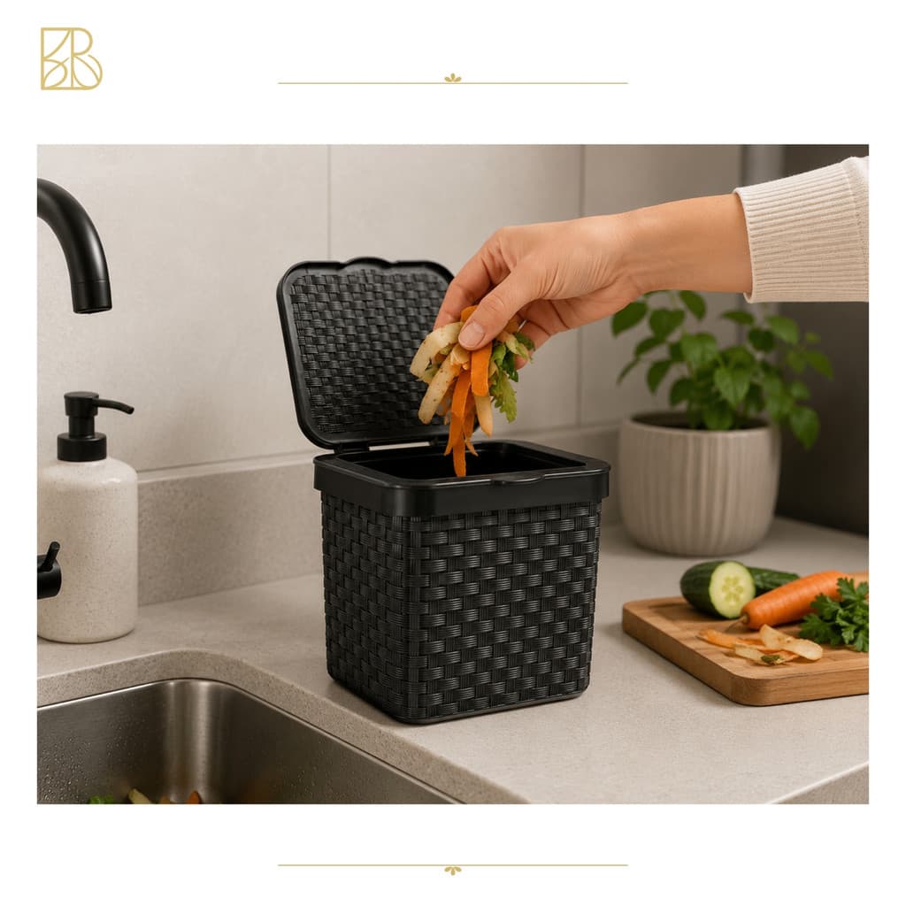 Lixeira para Pia 5 Litros com Tampa Automática Click | Cesto de Lixo Textura Rattan Arqplast