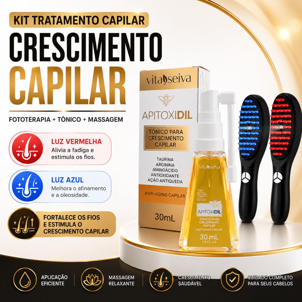 Tônico Capilar Vita Seiva Apitoxidil + Pente Massageador Couro Cabeludo Kit Crescimento Capilar Antiqueda