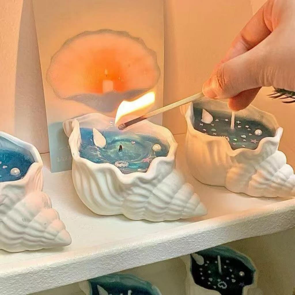 Vela Aromática Concha do Mar Oceano - Cera Glitter Pérolas Estrelas 10-12h