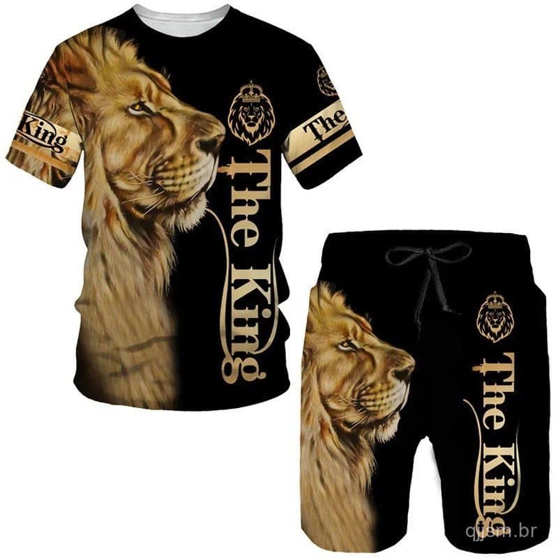 Camisetas Estilosas para Homens com Estampa 3D do Rei Leão, Manga Curta &amp;     Conjunto de Verão de Duas Peças