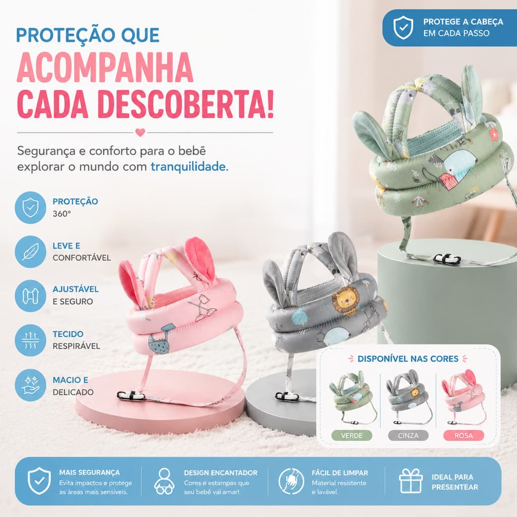 Capacete Protetor Antiqueda Bebê Proteção Cabeça 360° Ajustável Respirável Primeiros Passos
