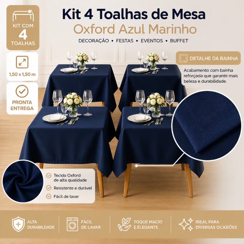 Kit 4 Toalhas de Mesa Oxford Azul Marinho1,50x1,50 Festa Casamento Eventos Buffet