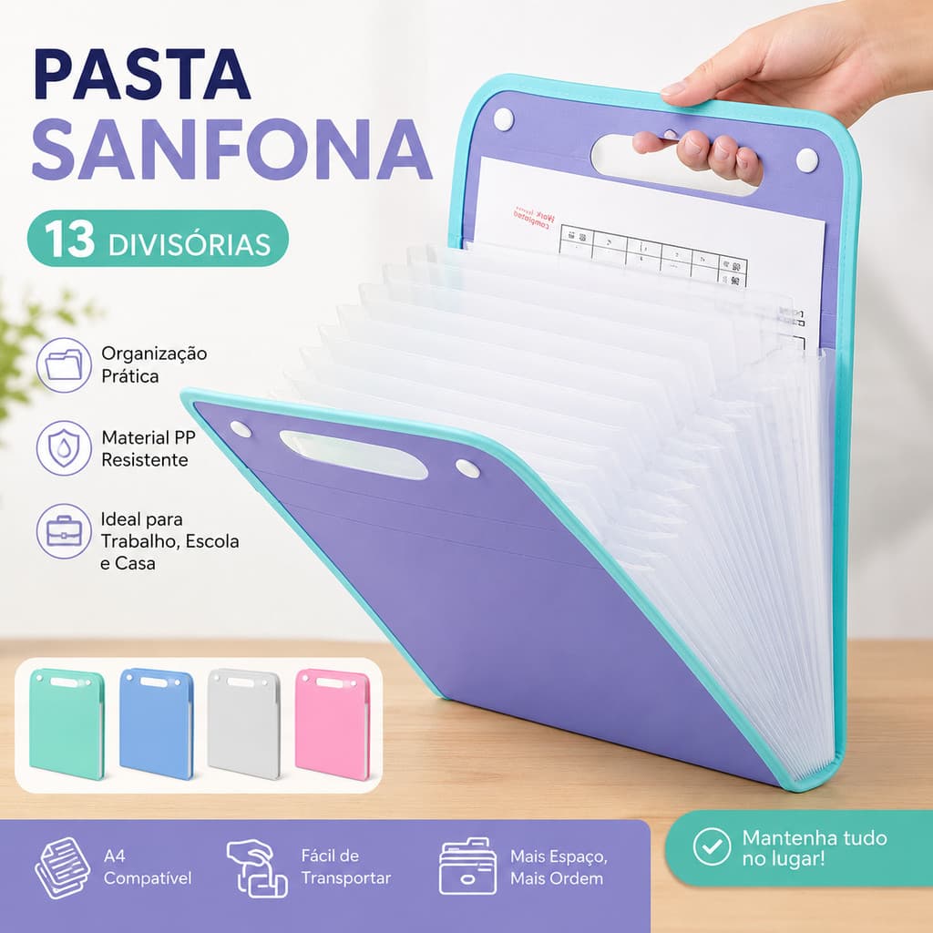 Pasta Sanfonada A4 13 Divisórias Organizador de Documentos com Fechamento por Botão e Elástico PP Escolar Escritório