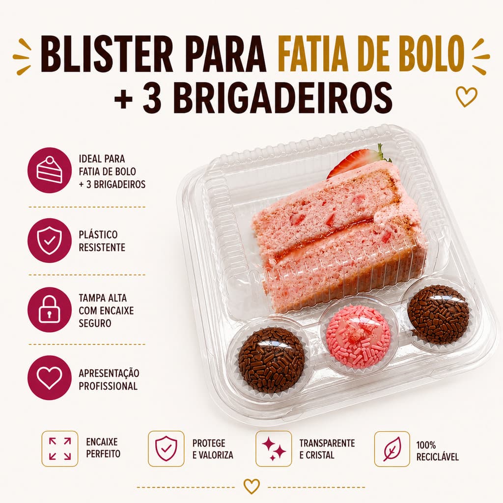 Embalagem Blister Para Fatia de Bolo e 3 Brigadeiros Kit 5 Unidades Confeitaria Doce Festa