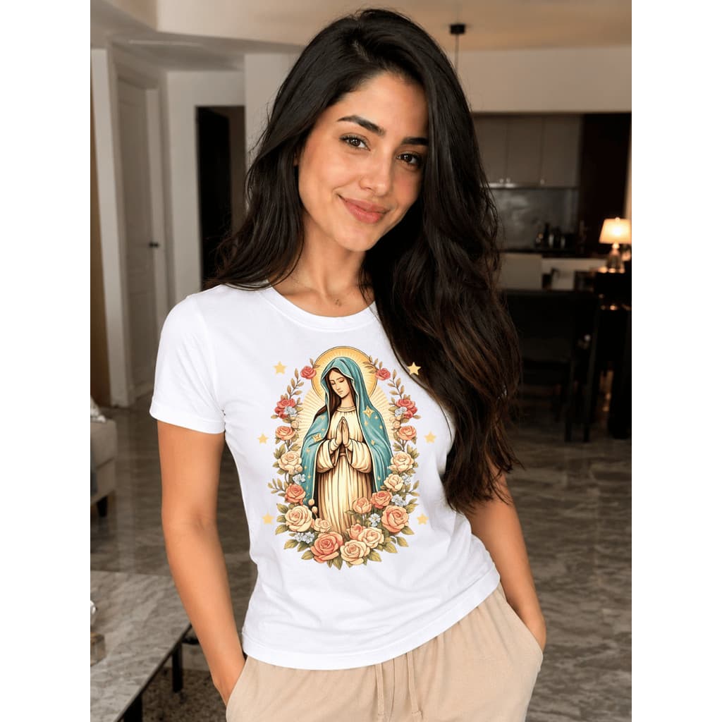 Baby Look Católica Feminina Blusinha Estampa Nossa Senhora Mãe de Jesus Fé Devoção Religiosa