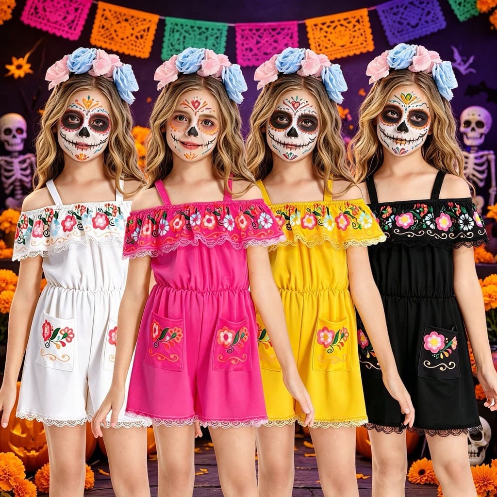 Fantasia infantil de Halloween, fantasia étnica tradicional mexicana, macacão + cabeça, flor, dia dos mortos, fantasia d