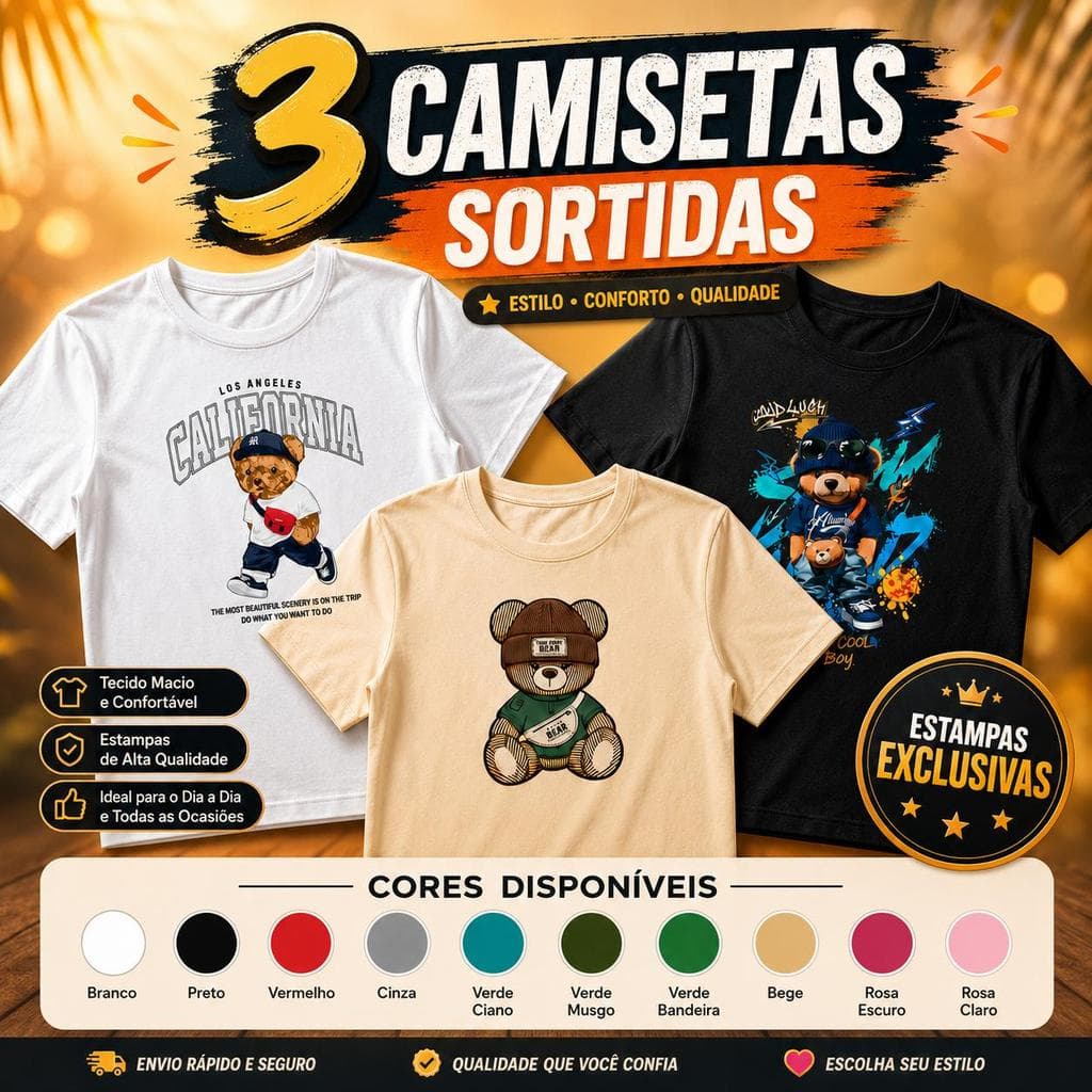 Kit 3 Camisetas Infantis Sortidas Algodão Premium Menino Menina, Camisas Estampadas Confortáveis para Dia a Dia, Escola