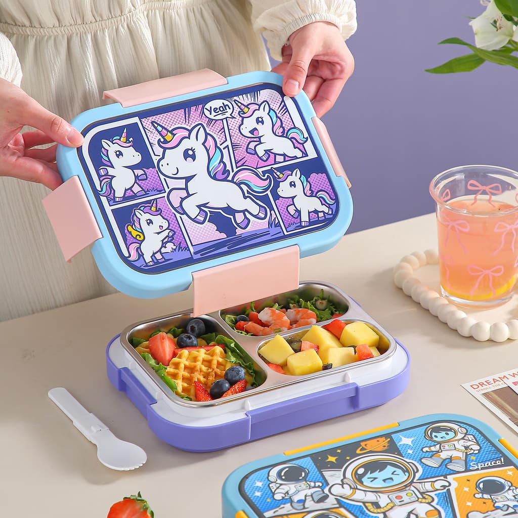[Estoque pronto] Lancheira compartimentada de desenho animado pode em micro-ondas Bento Box de qualidade alimentar com t