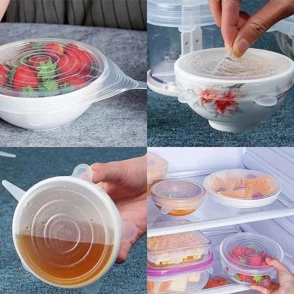 Kit 6 Tampas Silicone Reutilizáveis Vedação Potes Copos Jarras Conserva Alimentos Frutas Verdura
