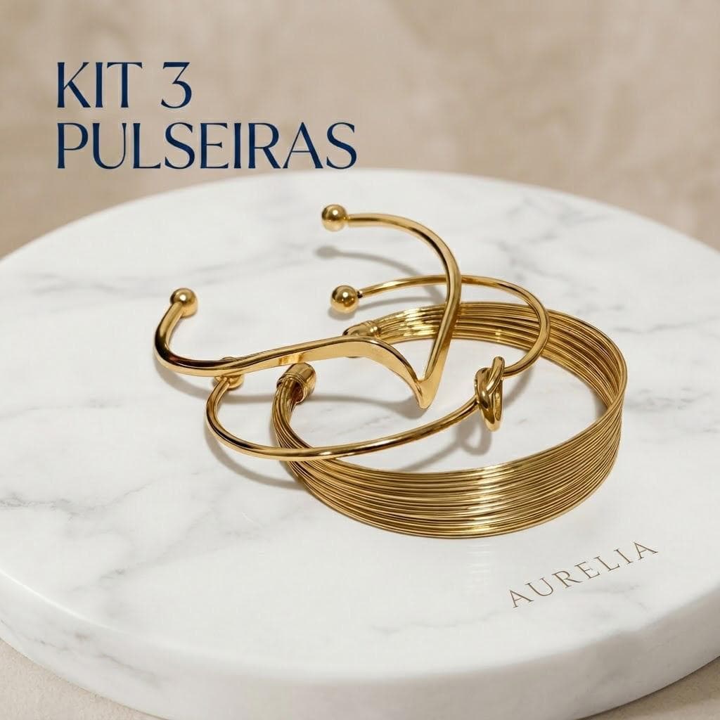 Kit 3 Pulseiras Douradas Femininas - Conjunto de Acessórios Geométricos