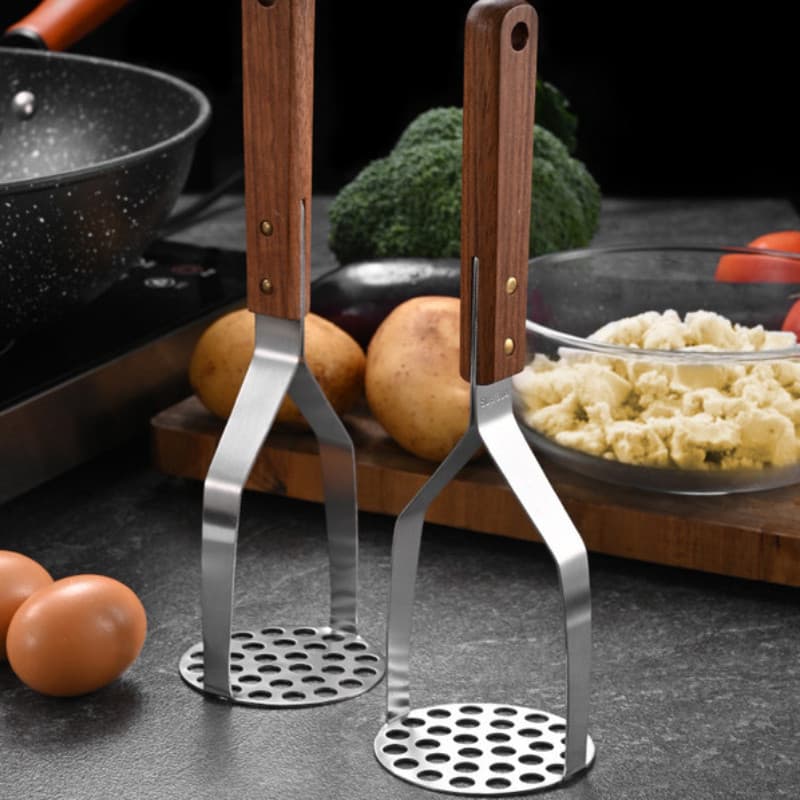 Prensa de purê de batata em aço inoxidável 304, cabo de madeira, aparelho de cozinha