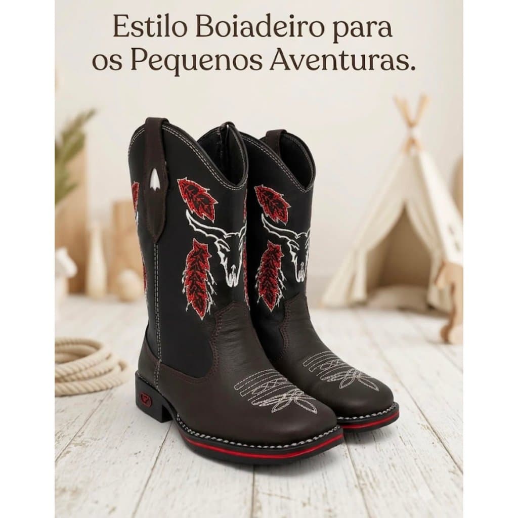 Bota Botina Menino Infantil Texana Country Bordada Boi Com Zíper Bico Quadrado- Lançamento!