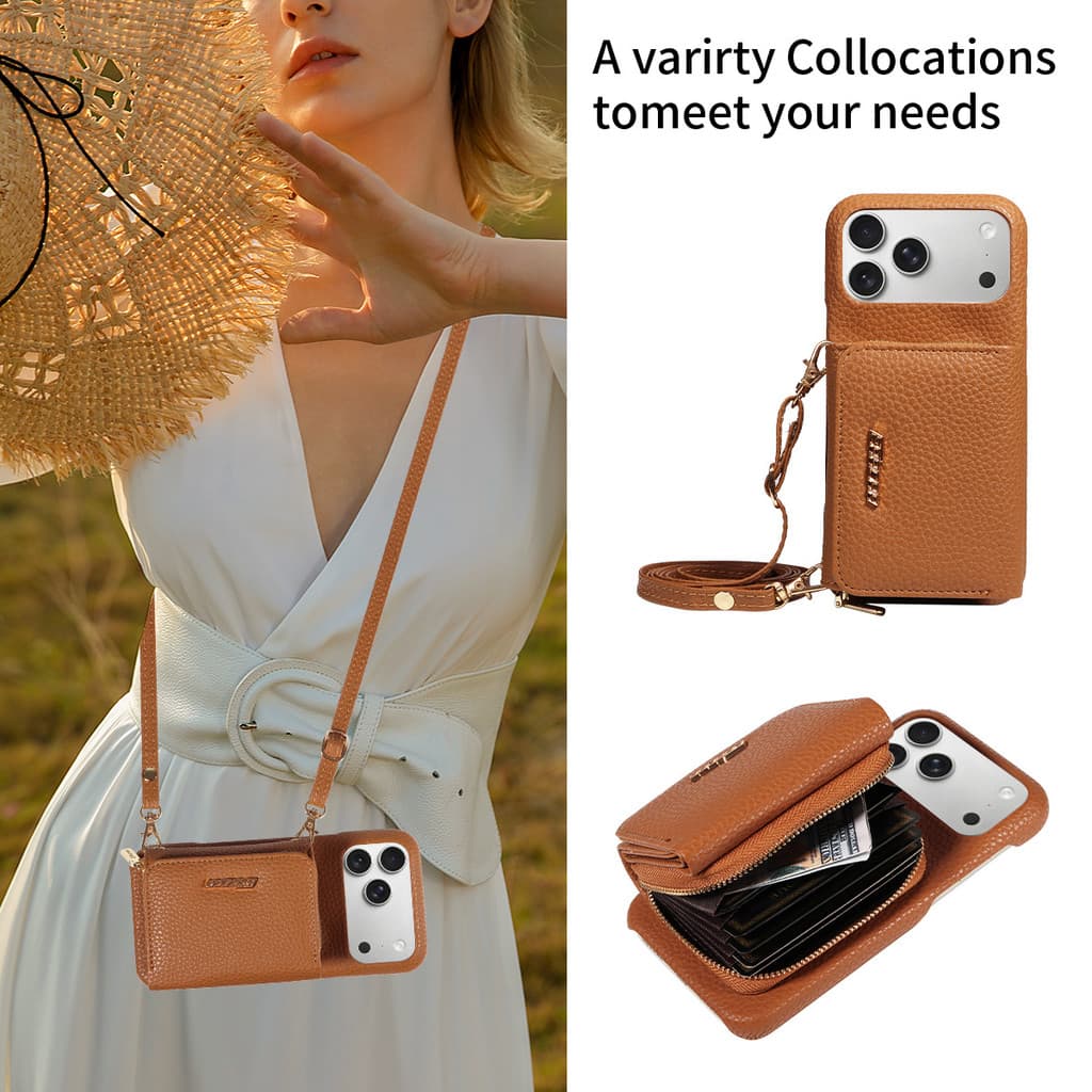 Carteira Com Zíper Cartões Caso De Couro Para iPhone 17 Pro Max 16 Plus Ar 15 14 13 12 11 Grande Bolso Saco Crossbody Do