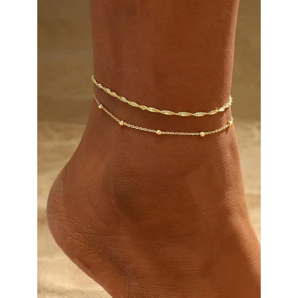 2 Peças de Tornozeleiras Douradas para Mulheres, à Prova d'Água, Banhadas a Ouro 14K, com Elo Cubano e Contas, Pulseiras