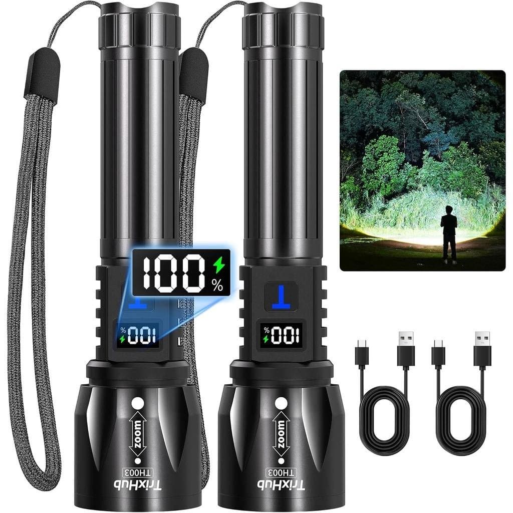 Lanternas Recarregáveis de Alto Lúmen, Pacote com 2, Lanterna com 5 Modos de Iluminação e Display Digital LCD, Lanterna