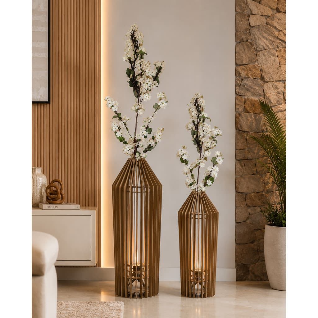 Kit 2 Vasos de Chão Decorativos Penedo MDF 90 e 60cm com Flores Artificiais Sala Hall Jardim Varanda