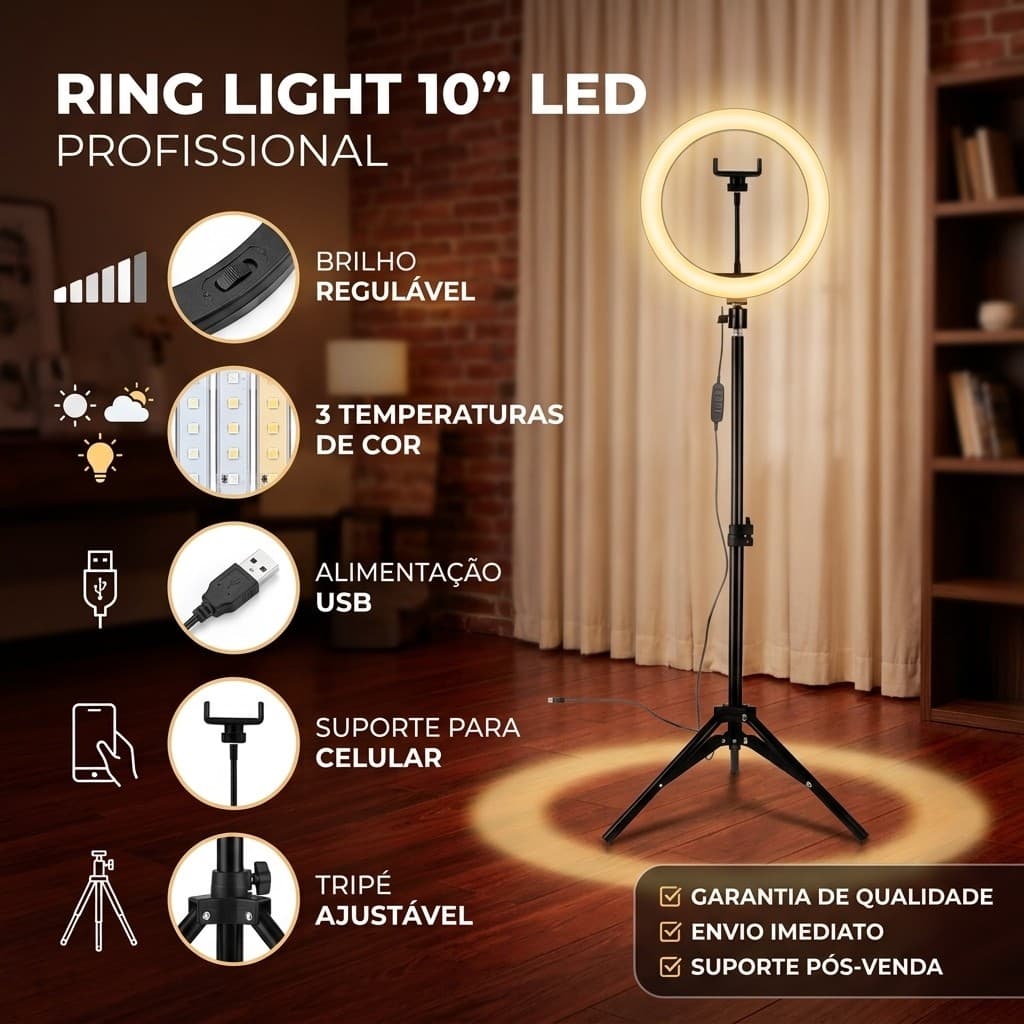 Ring Light 6/8/10 Polegadas com Tripé 2,10m – Iluminador Profissional para Celular e Live b