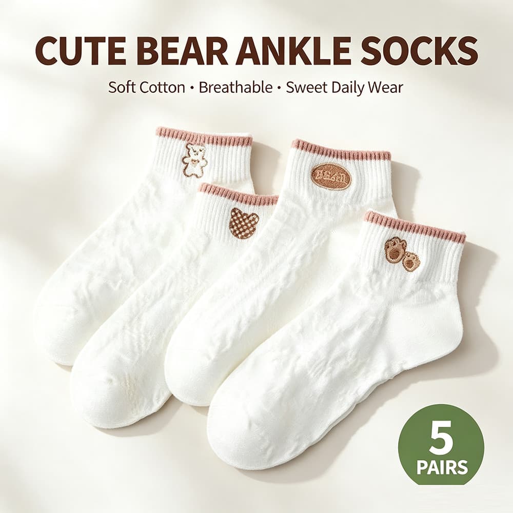 Meias de tornozelo bordadas com remendo de urso fofo - algodão macio respirável | Meninas 5 pares
