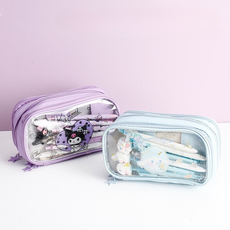 Estojo de lápis transparente de três camadas, à prova d'água, de grande capacidade, com desenho animado, material escola