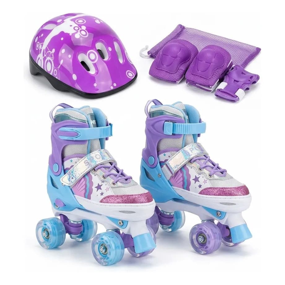 Patins Infantil Ajustável 4 Rodas Kit Proteção E Capacete 39 Ao 42 50 Mm Sereia