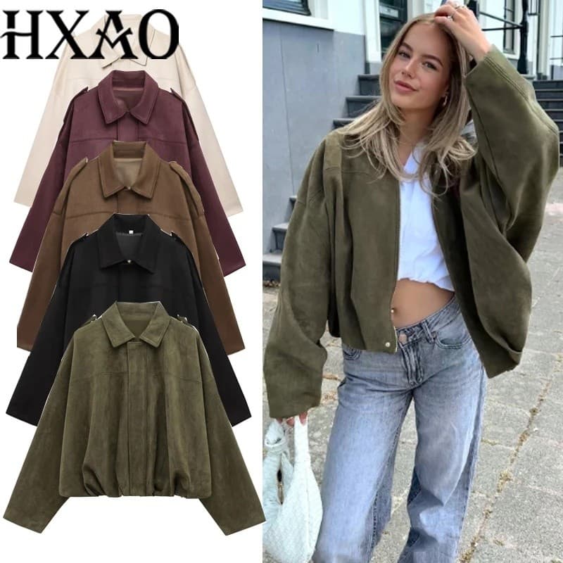 Jaqueta Feminina HXAO, Casacos de Manga Longa, Jaquetas Bomber Cropped Femininas com Zíper, Jaqueta de Suede para Meia-E