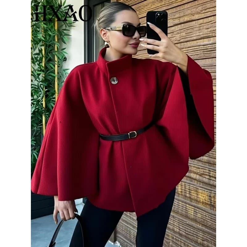 Jaquetas Femininas HXAO, Jaqueta Túnica Oversized com Cinto, Casaco de Outono Inverno, Vermelho Marrom, Jaqueta Curta co