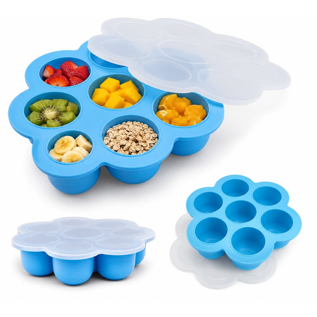 Pote de Silicone para Congelar Papinha Bebê com Tampa 7 Divisórias BPA Free Introdução Alimentar
