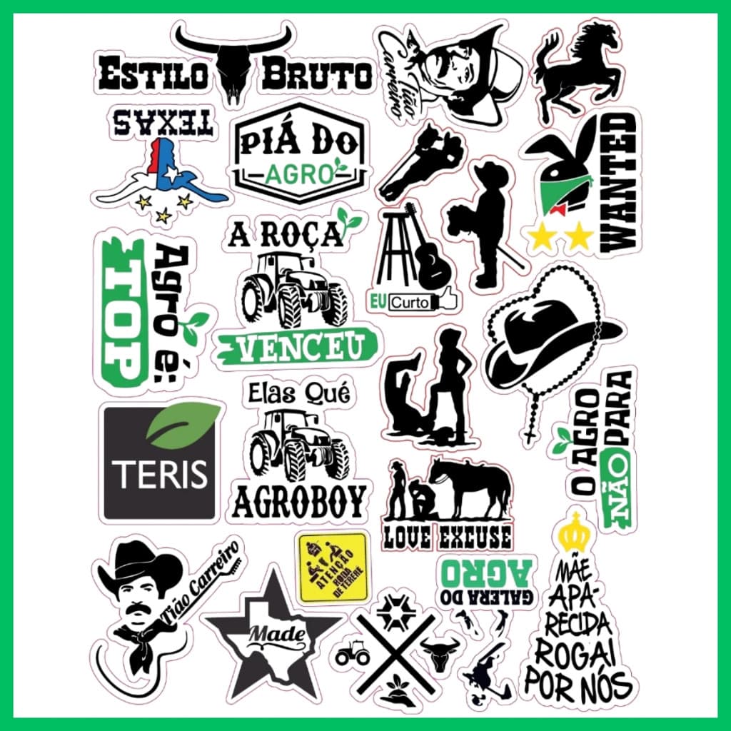 Kit com 120 adesivos agro e country para personalização de garrafa, moto, carro e bike