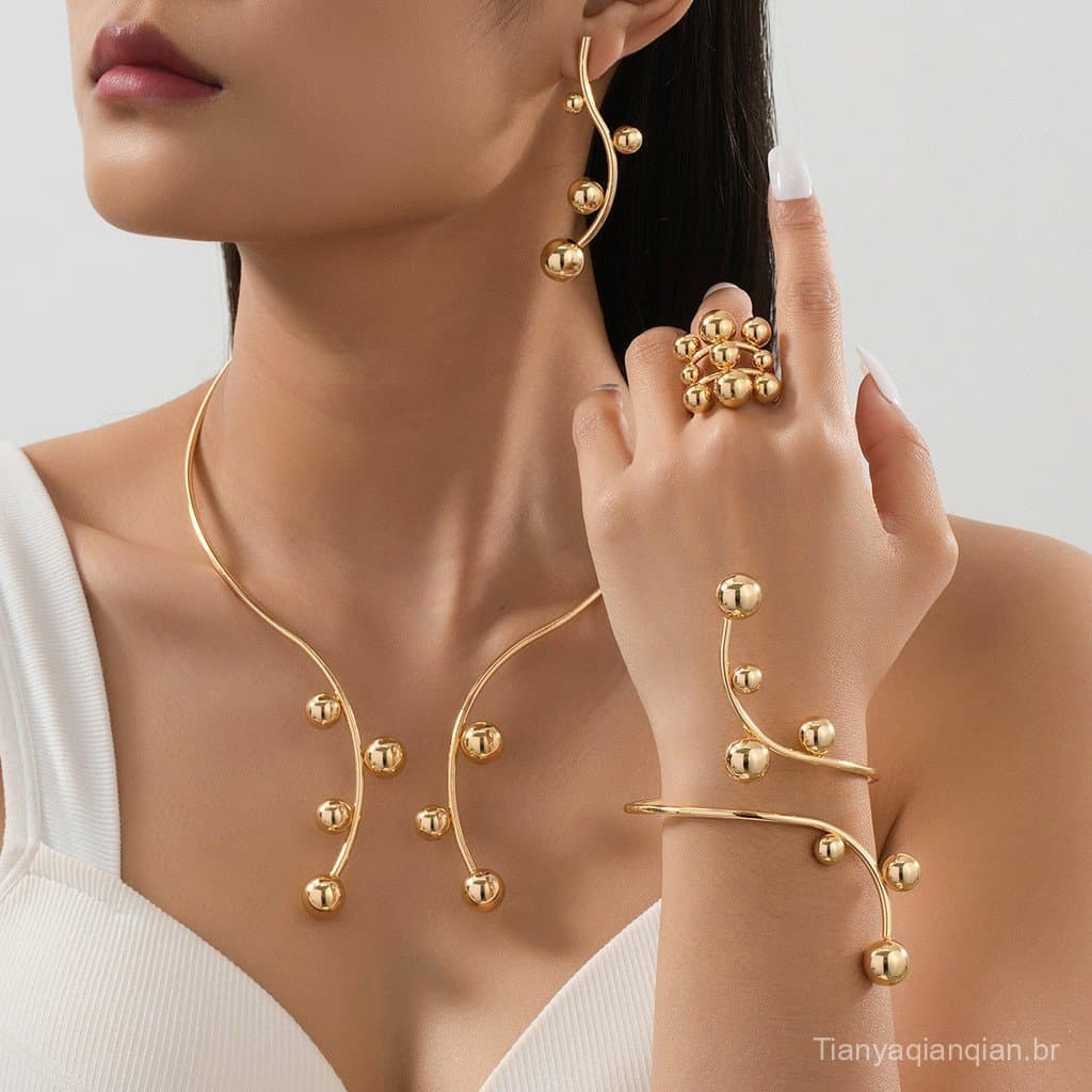 Novo colar, brincos, pulseira e anel de estilo minimalista europeu e americano, joias elegantes de alta qualidade.