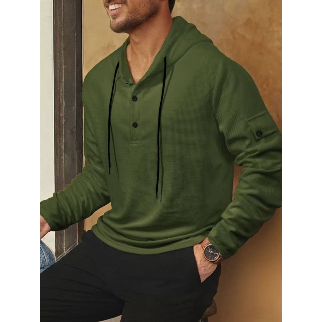 Moletom esportivo masculino Fitness com capuz de manga comprida europeu americano masculino Waffle Henry camisa