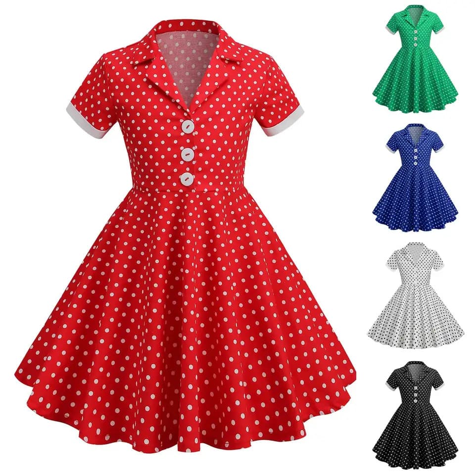 Meninas Retro Polka Dot Swing Vestido Lapela Manga Curta Vintage Crianças Festa Midi Vestidos 5 Cores