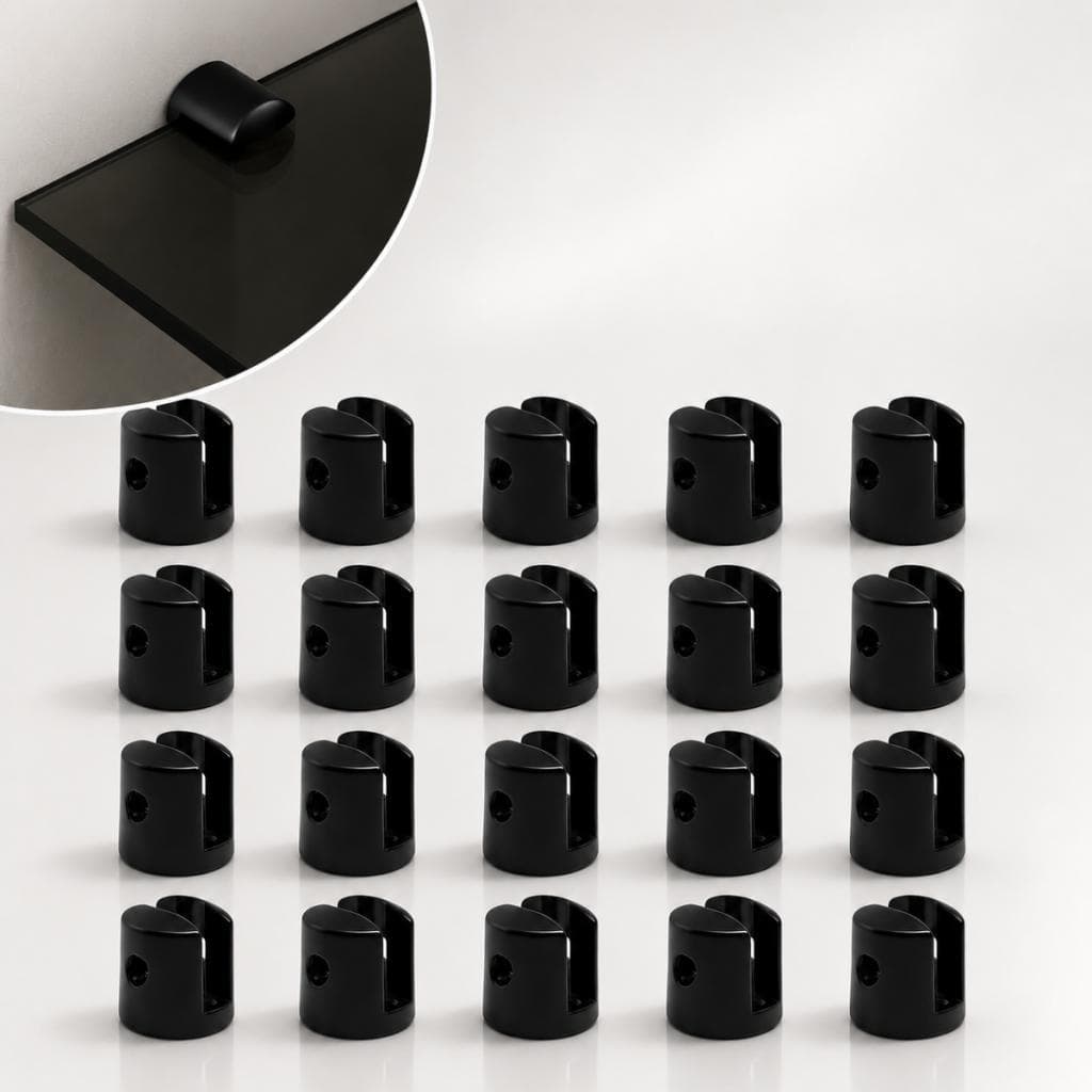 Kit 20 Suportes Fenda Redondo 1 Furo Para Prateleira de Vidro 6mm em Metal Preto