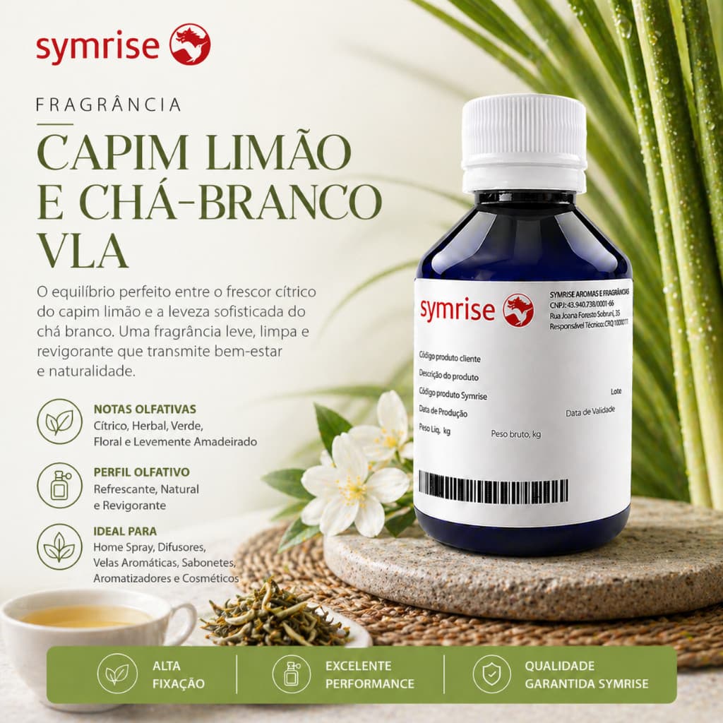 Essência Capim Limão e Chá Branco VLA Concentrada para Velas - Symrise Citratus 100ml