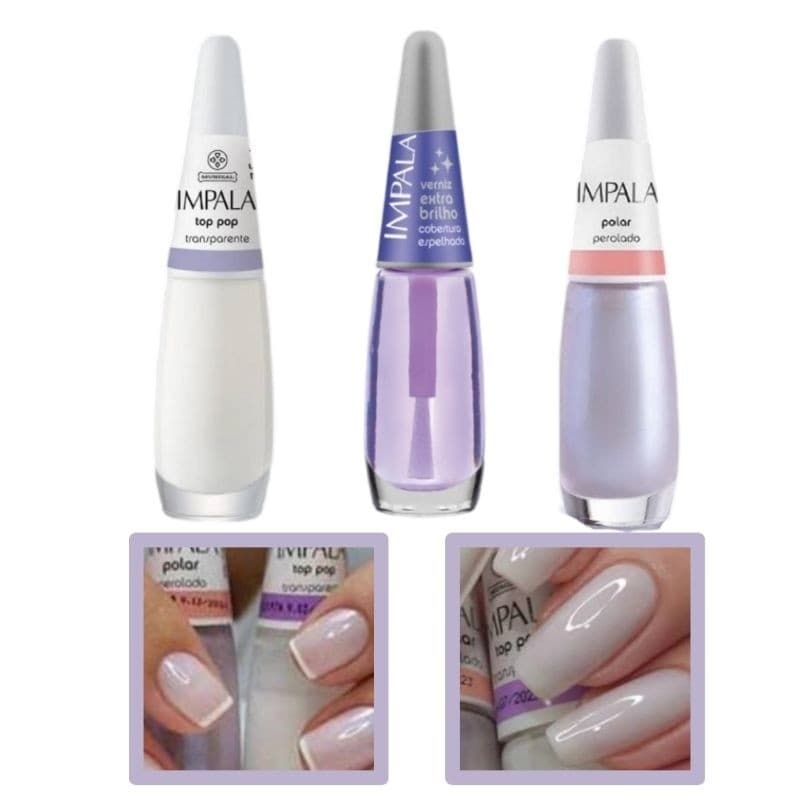 Kit 3 Esmaltes Francesinha Impala Top Pop +Polar + Verniz Extra Brilho 7,5ml